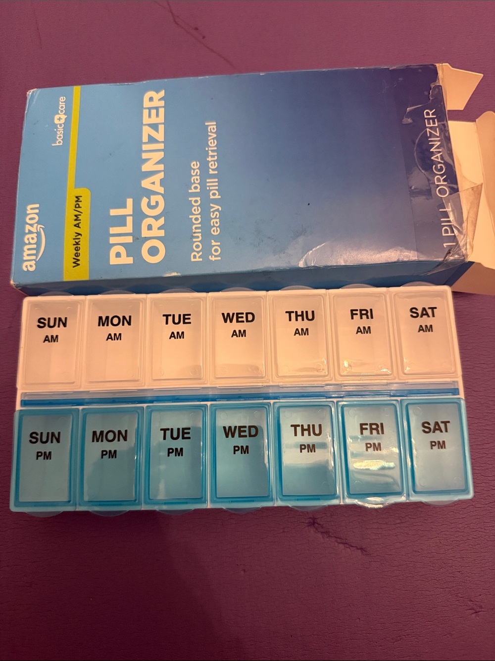 Amazon Pill Organizer - White & Light Blue Weekly AM/PM Box